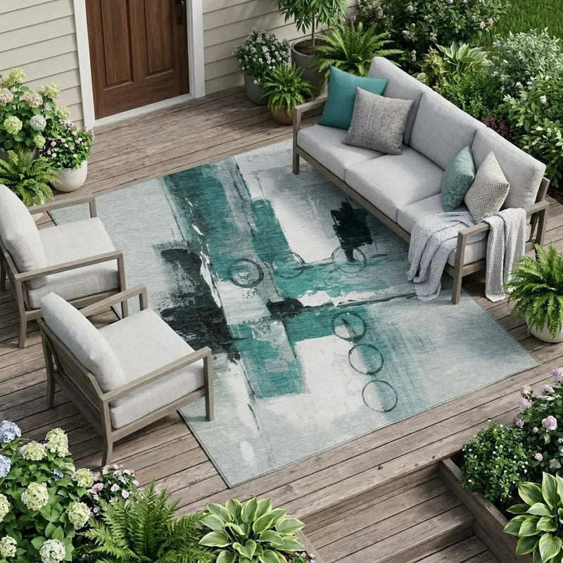 8' X 10' Teal Blue And Silver Abstract Washable Indoor Outdoor Area Rug Homeroots Outdoor