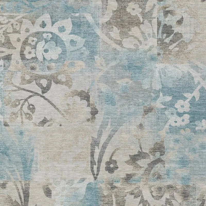 8' X 10' Teal Blue And Silver Botanical Leaves Washable Indoor Outdoor Area Rug Homeroots Outdoor