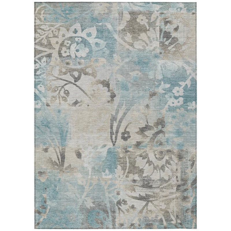 8' X 10' Teal Blue And Silver Botanical Leaves Washable Indoor Outdoor Area Rug Homeroots Outdoor