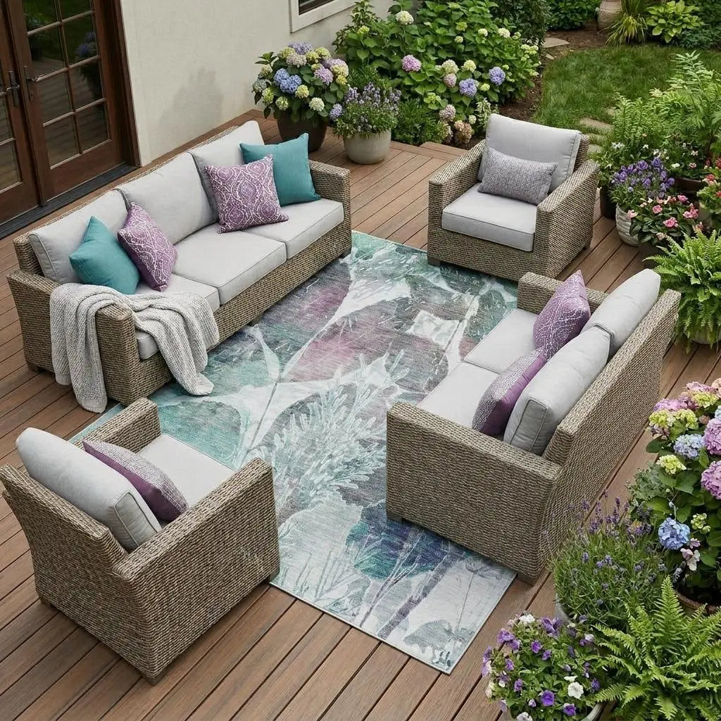 8' X 10' Teal Blue And Silver Botanical Leaves Washable Indoor Outdoor Area Rug Homeroots Outdoor