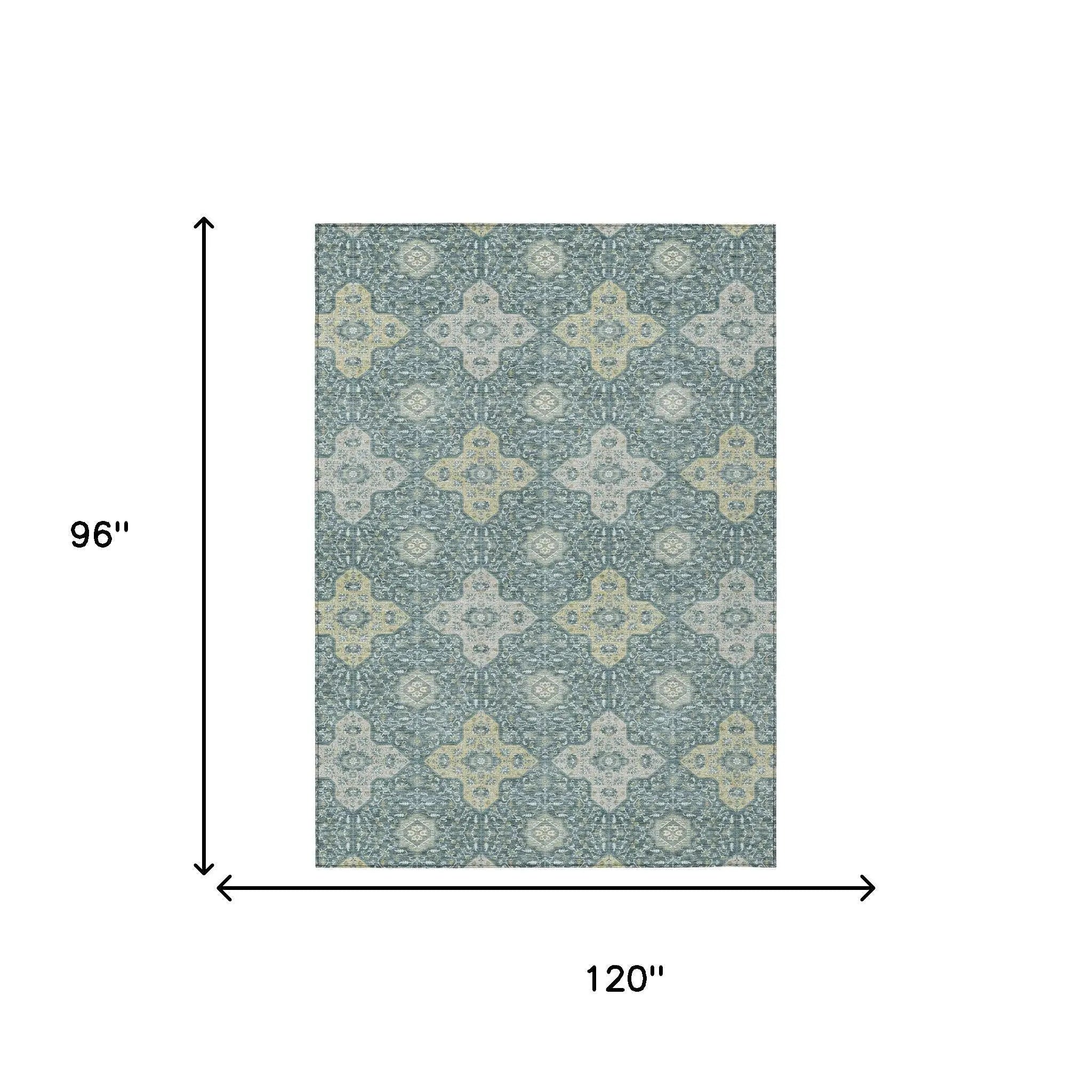 8' X 10' Teal Blue And Silver Damask Washable Indoor Outdoor Area Rug Homeroots Outdoor