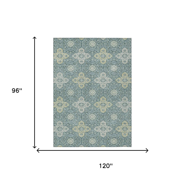 8' X 10' Teal Blue And Silver Damask Washable Indoor Outdoor Area Rug Homeroots Outdoor