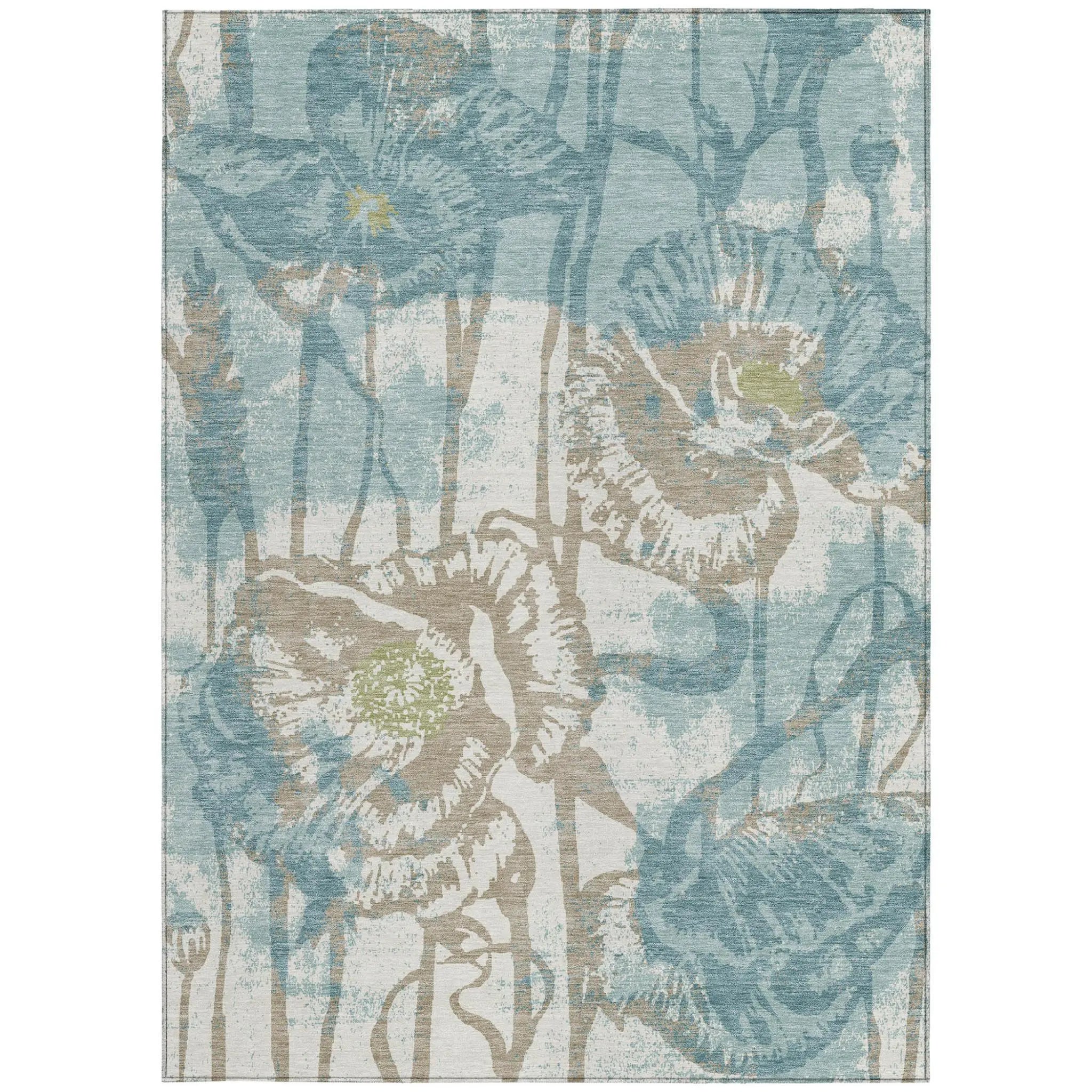 8' X 10' Teal Blue And Silver Floral Washable Indoor Outdoor Area Rug Homeroots Outdoor