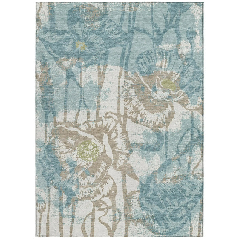 8' X 10' Teal Blue And Silver Floral Washable Indoor Outdoor Area Rug Homeroots Outdoor
