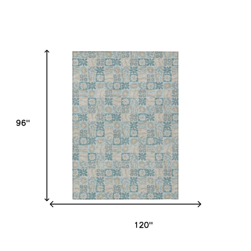 8' X 10' Teal Blue And Silver Floral Washable Indoor Outdoor Area Rug Homeroots Outdoor