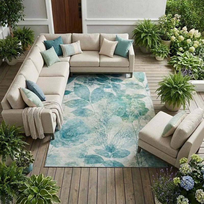 8' X 10' Teal Blue And Silver Floral Washable Indoor Outdoor Area Rug Homeroots Outdoor