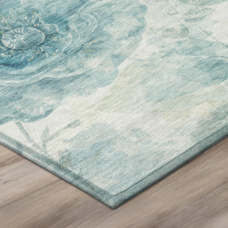 8' X 10' Teal Blue And Silver Floral Washable Indoor Outdoor Area Rug Homeroots Outdoor