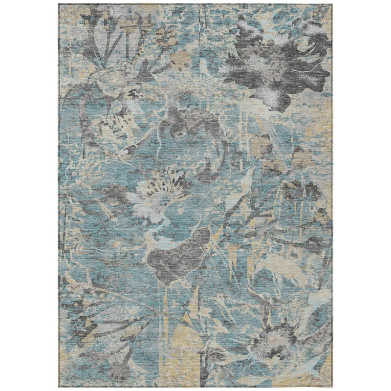 8' X 10' Teal Blue And Silver Floral Washable Indoor Outdoor Area Rug Homeroots Outdoor