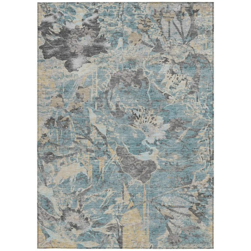 8' X 10' Teal Blue And Silver Floral Washable Indoor Outdoor Area Rug Homeroots Outdoor