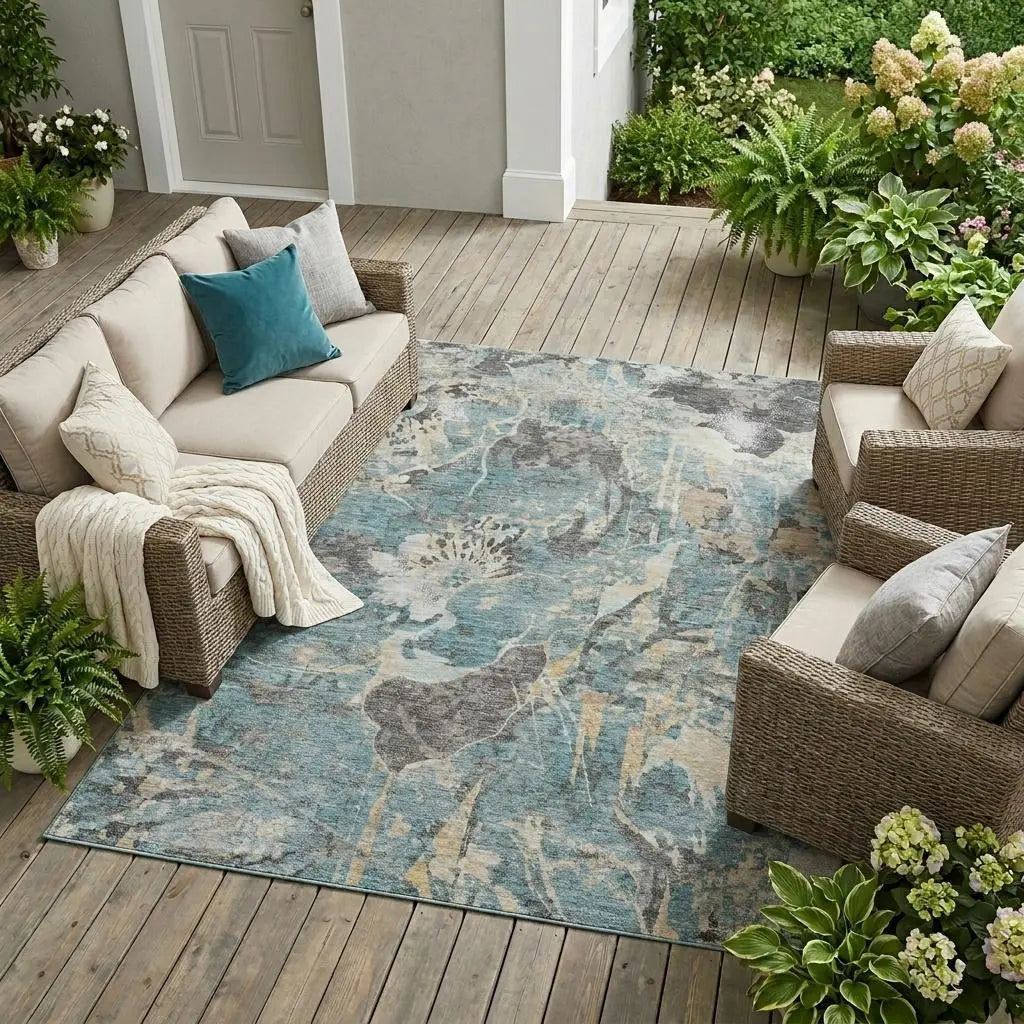 8' X 10' Teal Blue And Silver Floral Washable Indoor Outdoor Area Rug Homeroots Outdoor