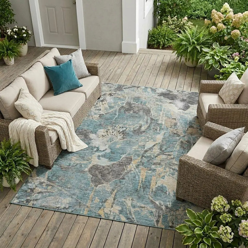 8' X 10' Teal Blue And Silver Floral Washable Indoor Outdoor Area Rug Homeroots Outdoor