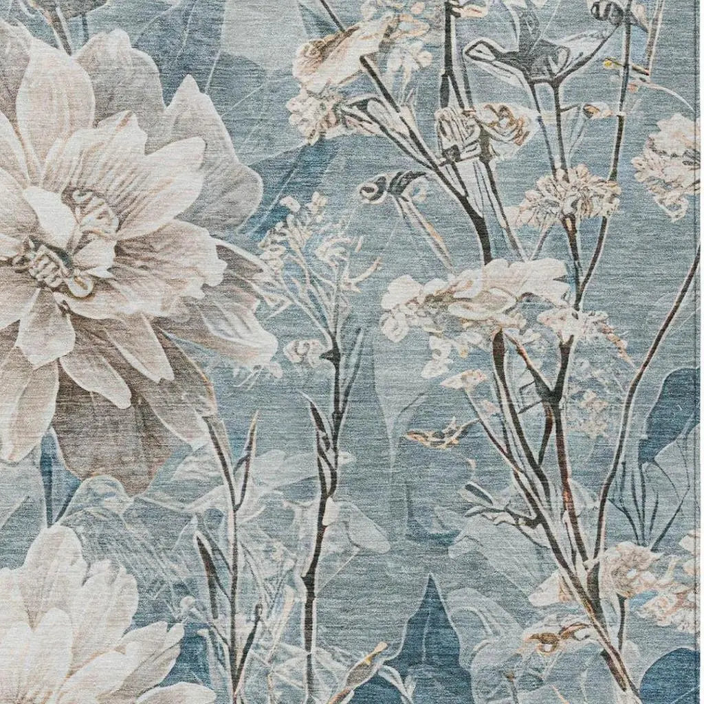 8' X 10' Teal Blue And Silver Floral Washable Indoor Outdoor Area Rug Homeroots Outdoor
