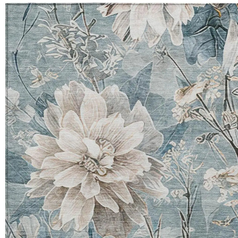 8' X 10' Teal Blue And Silver Floral Washable Indoor Outdoor Area Rug Homeroots Outdoor