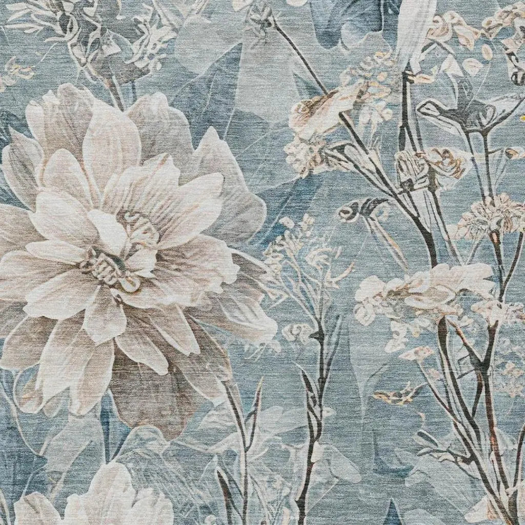 8' X 10' Teal Blue And Silver Floral Washable Indoor Outdoor Area Rug Homeroots Outdoor