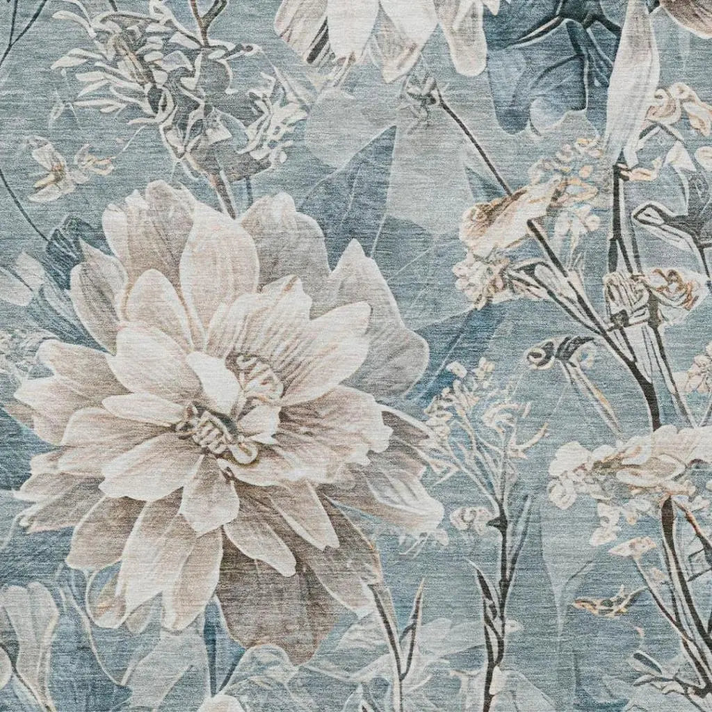 8' X 10' Teal Blue And Silver Floral Washable Indoor Outdoor Area Rug Homeroots Outdoor