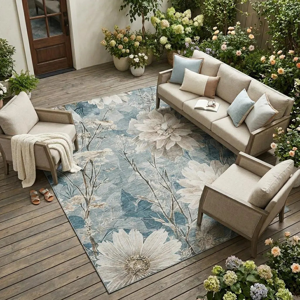 8' X 10' Teal Blue And Silver Floral Washable Indoor Outdoor Area Rug Homeroots Outdoor