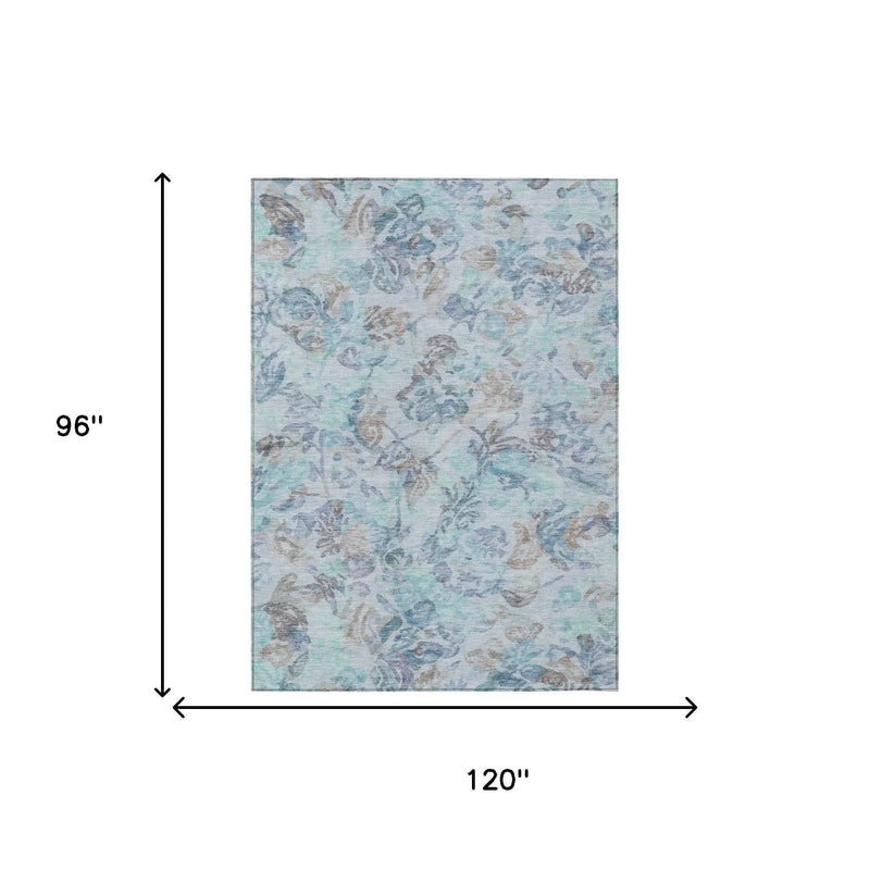 8' X 10' Teal Blue And Silver Floral Washable Indoor Outdoor Area Rug Homeroots Outdoor