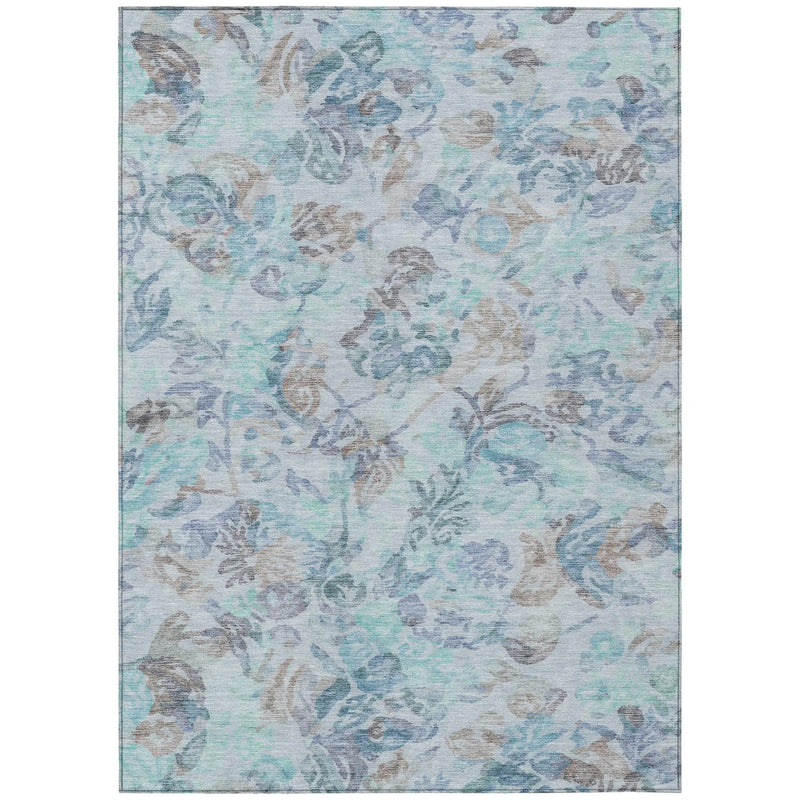 8' X 10' Teal Blue And Silver Floral Washable Indoor Outdoor Area Rug Homeroots Outdoor