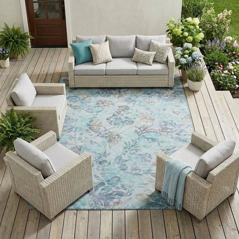 8' X 10' Teal Blue And Silver Floral Washable Indoor Outdoor Area Rug Homeroots Outdoor