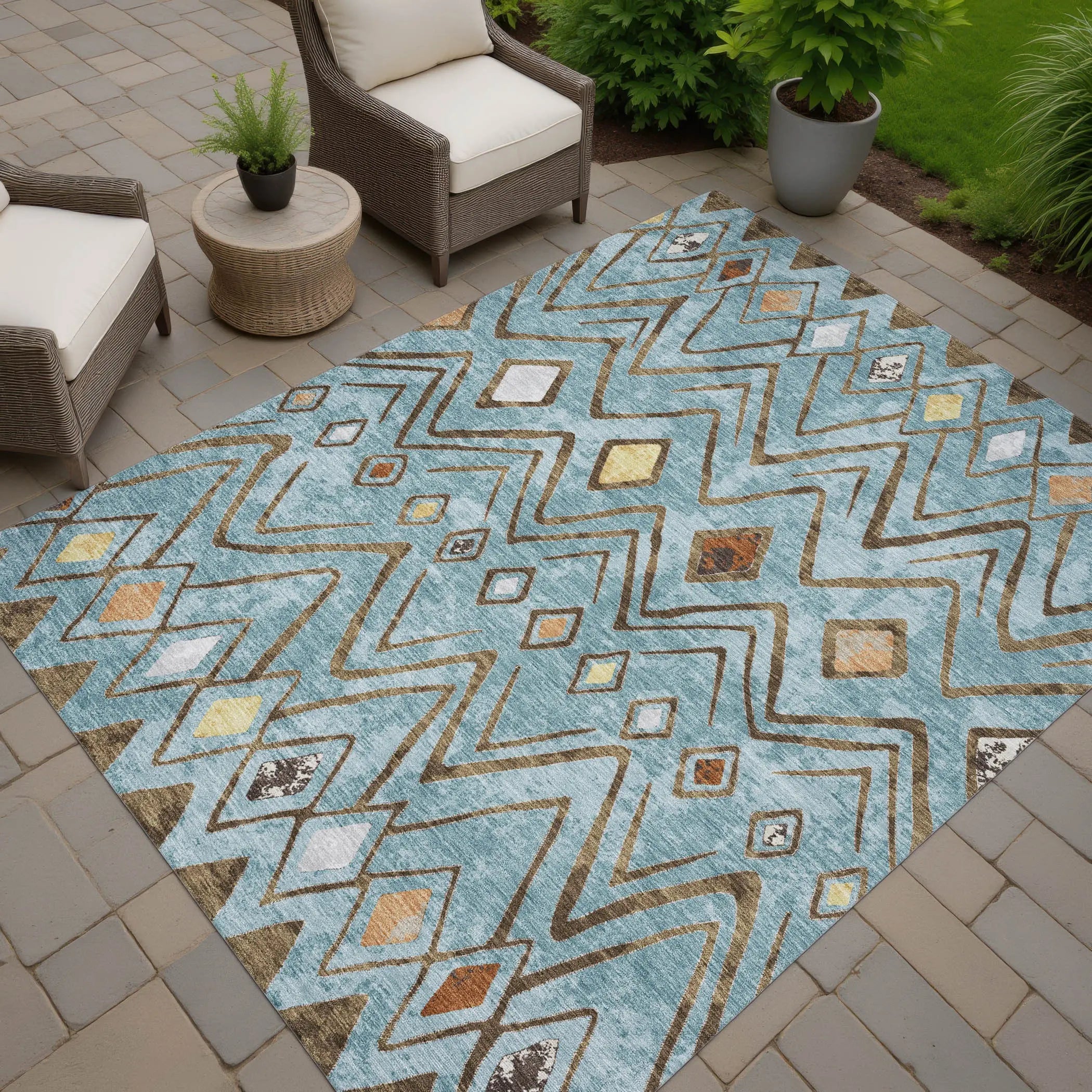 8' X 10' Teal Blue And Silver Geometric Washable Indoor Outdoor Area Rug Homeroots Outdoor