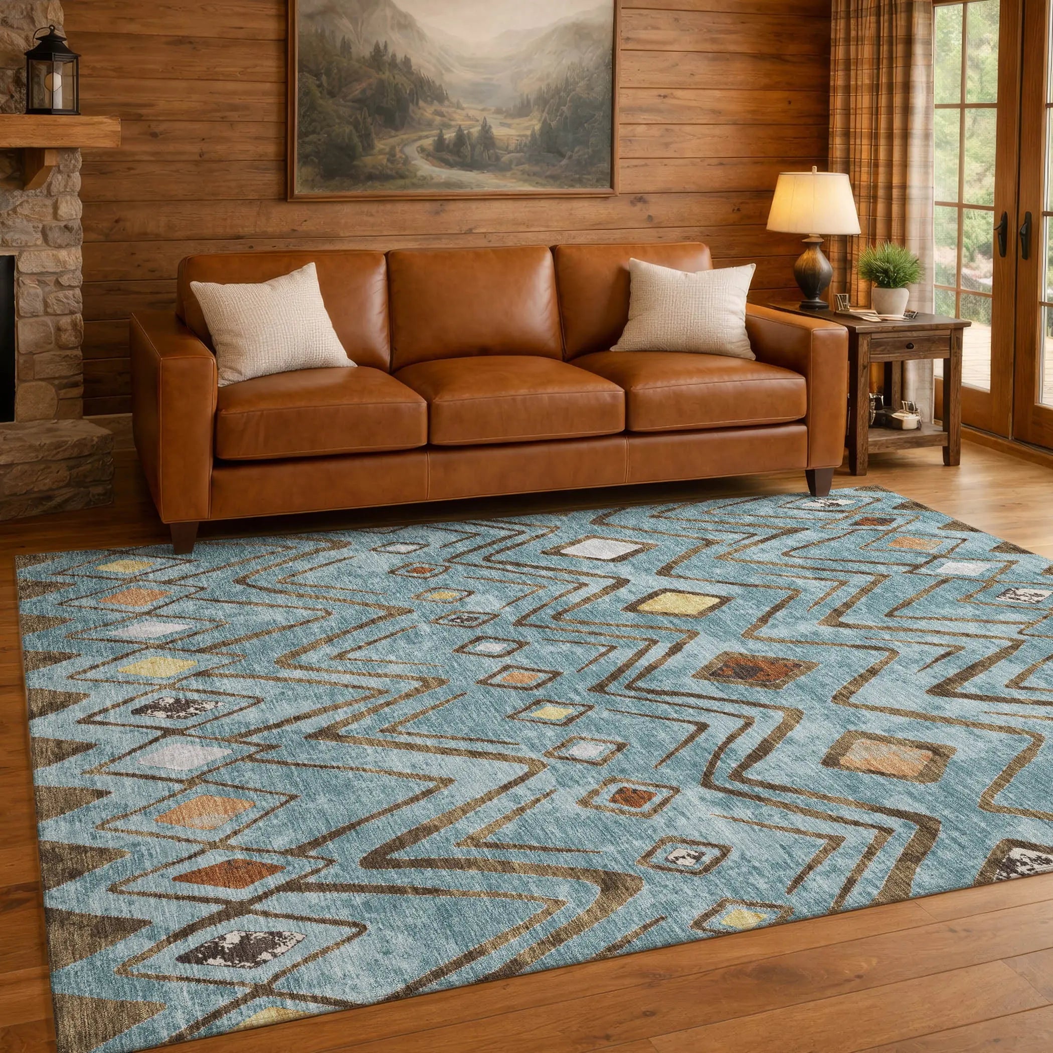 8' X 10' Teal Blue And Silver Geometric Washable Indoor Outdoor Area Rug Homeroots Outdoor