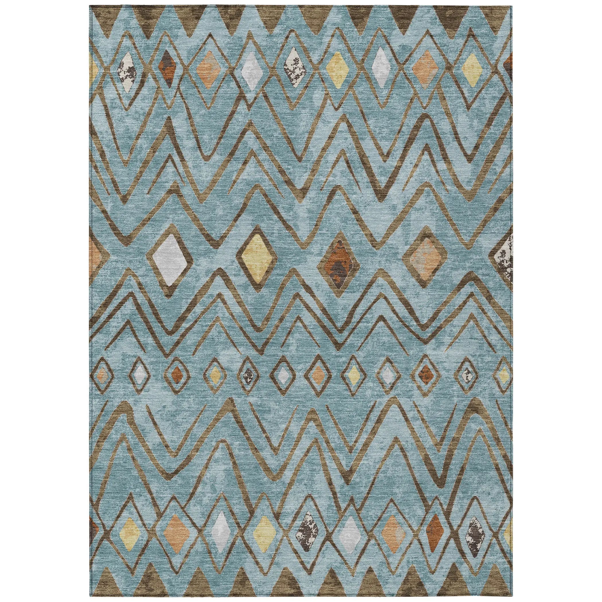 8' X 10' Teal Blue And Silver Geometric Washable Indoor Outdoor Area Rug Homeroots Outdoor