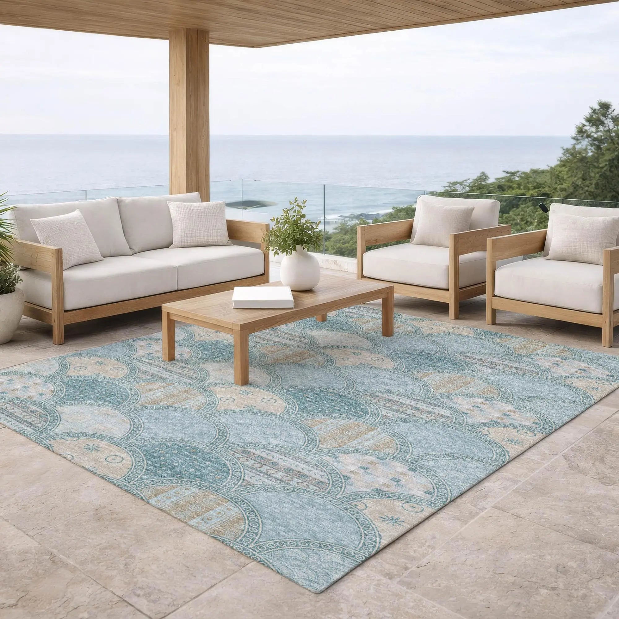 8' X 10' Teal Blue And Silver Geometric Washable Indoor Outdoor Area Rug Homeroots Outdoor