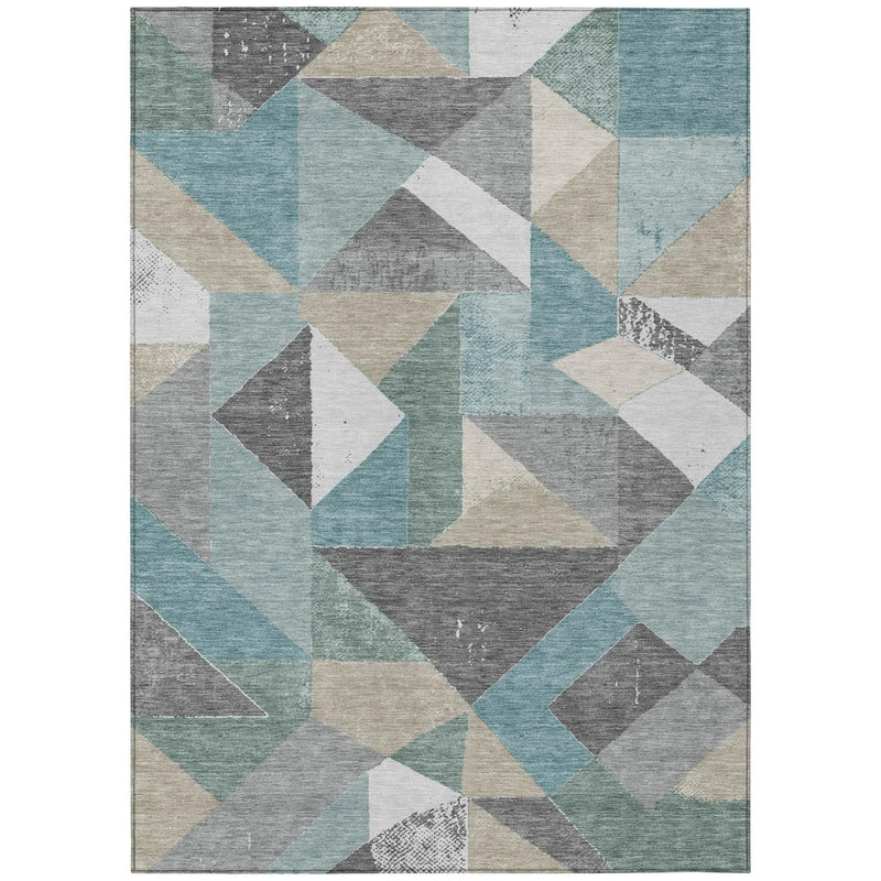 8' X 10' Teal Blue And Silver Geometric Washable Indoor Outdoor Area Rug Homeroots Outdoor