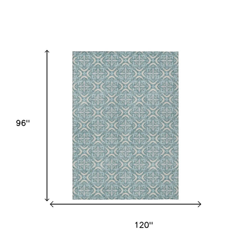 8' X 10' Teal Blue And Silver Geometric Washable Indoor Outdoor Area Rug Homeroots Outdoor