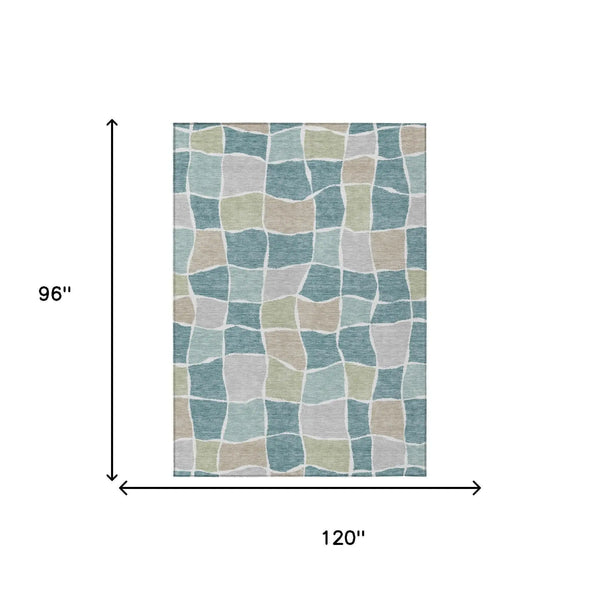 8' X 10' Teal Blue And Silver Geometric Washable Indoor Outdoor Area Rug Homeroots Outdoor