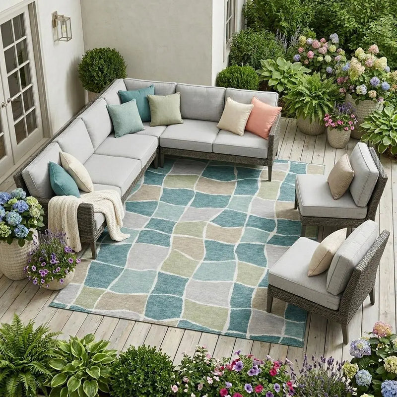 8' X 10' Teal Blue And Silver Geometric Washable Indoor Outdoor Area Rug Homeroots Outdoor