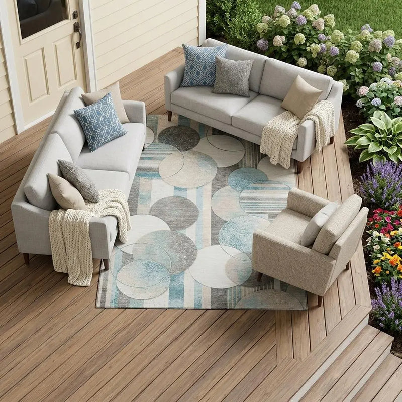 8' X 10' Teal Blue And Silver Geometric Washable Indoor Outdoor Area Rug Homeroots Outdoor