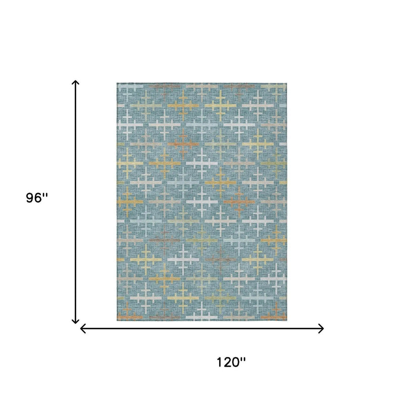 8' X 10' Teal Blue And Silver Geometric Washable Indoor Outdoor Area Rug Homeroots Outdoor
