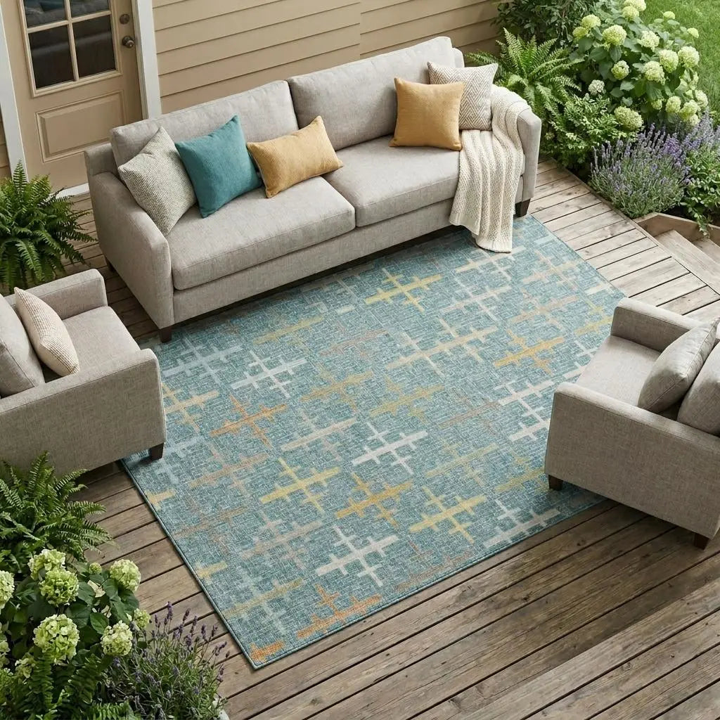 8' X 10' Teal Blue And Silver Geometric Washable Indoor Outdoor Area Rug Homeroots Outdoor