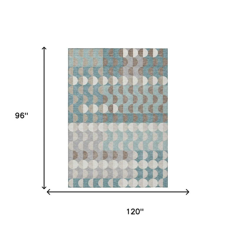 8' X 10' Teal Blue And Silver Geometric Washable Indoor Outdoor Area Rug Homeroots Outdoor
