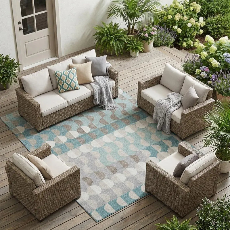 8' X 10' Teal Blue And Silver Geometric Washable Indoor Outdoor Area Rug Homeroots Outdoor