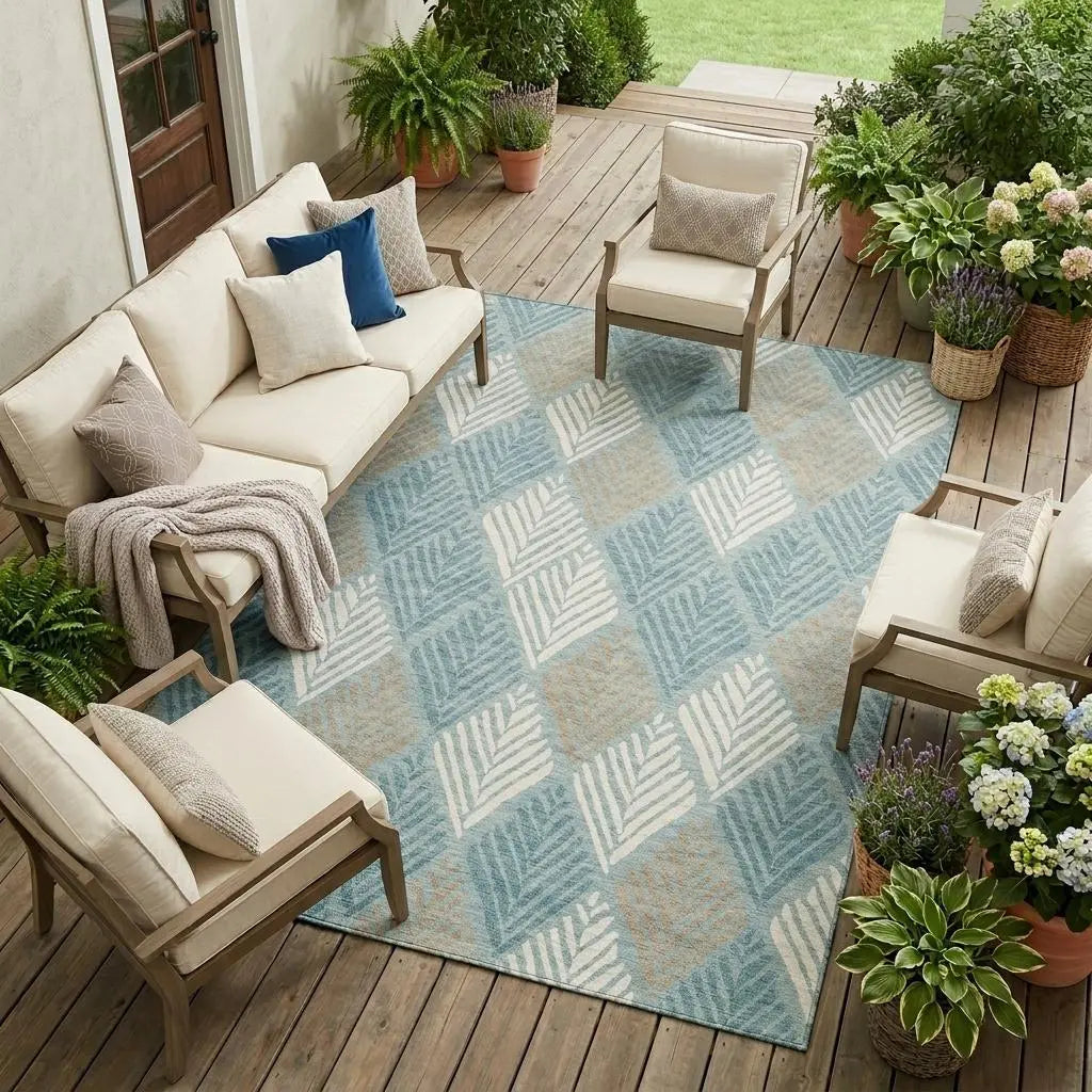 8' X 10' Teal Blue And Silver Geometric Washable Indoor Outdoor Area Rug Homeroots Outdoor