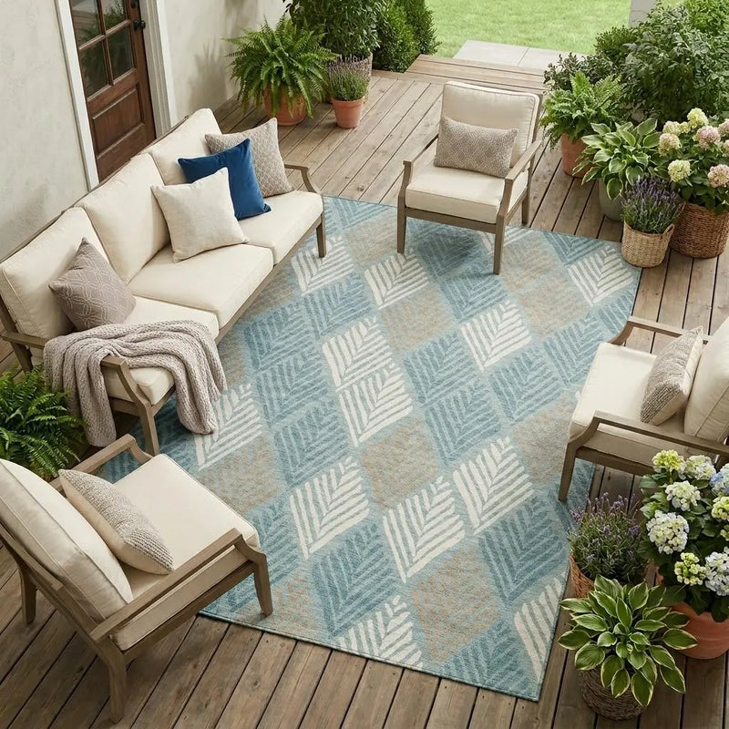 8' X 10' Teal Blue And Silver Geometric Washable Indoor Outdoor Area Rug Homeroots Outdoor