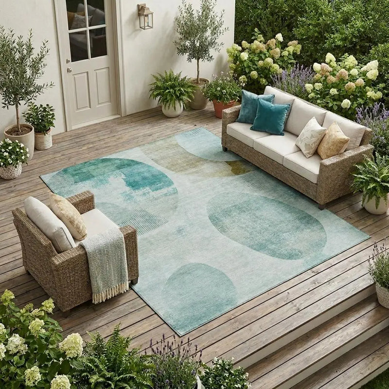 8' X 10' Teal Blue And Silver Geometric Washable Indoor Outdoor Area Rug Homeroots Outdoor