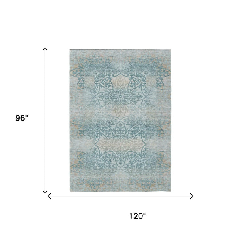8' X 10' Teal Blue And Silver Oriental Washable Indoor Outdoor Area Rug Homeroots Outdoor