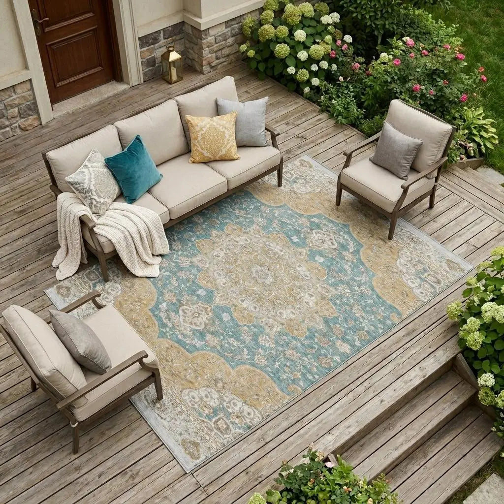 8' X 10' Teal Blue And Silver Oriental Washable Indoor Outdoor Area Rug Homeroots Outdoor