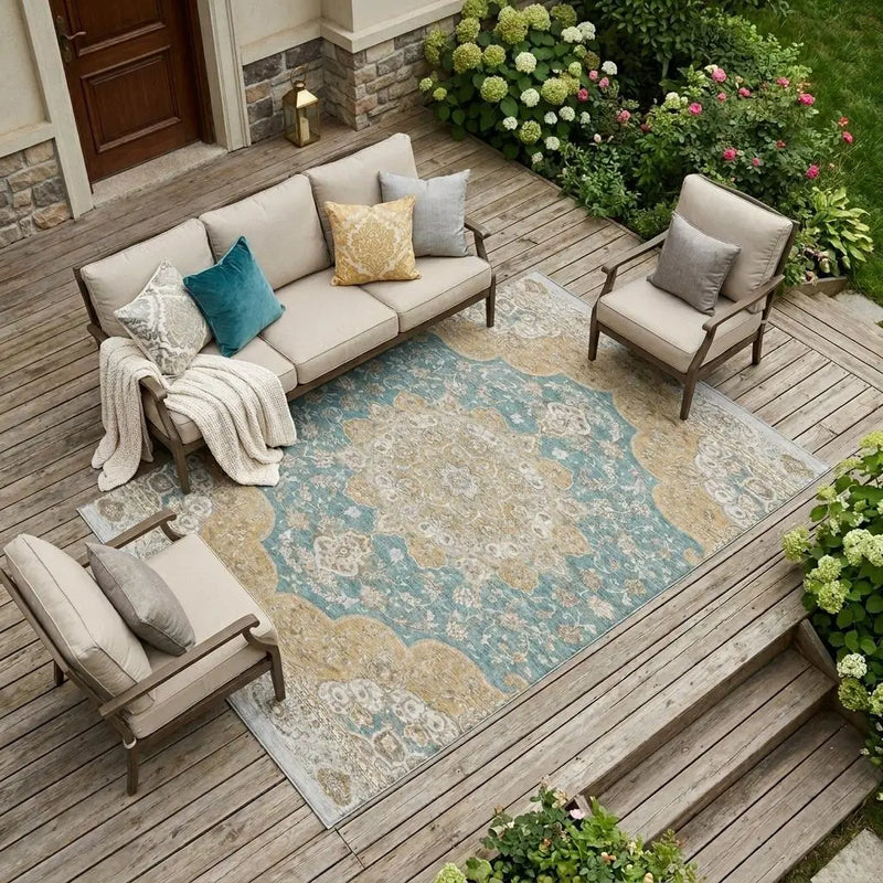 8' X 10' Teal Blue And Silver Oriental Washable Indoor Outdoor Area Rug Homeroots Outdoor