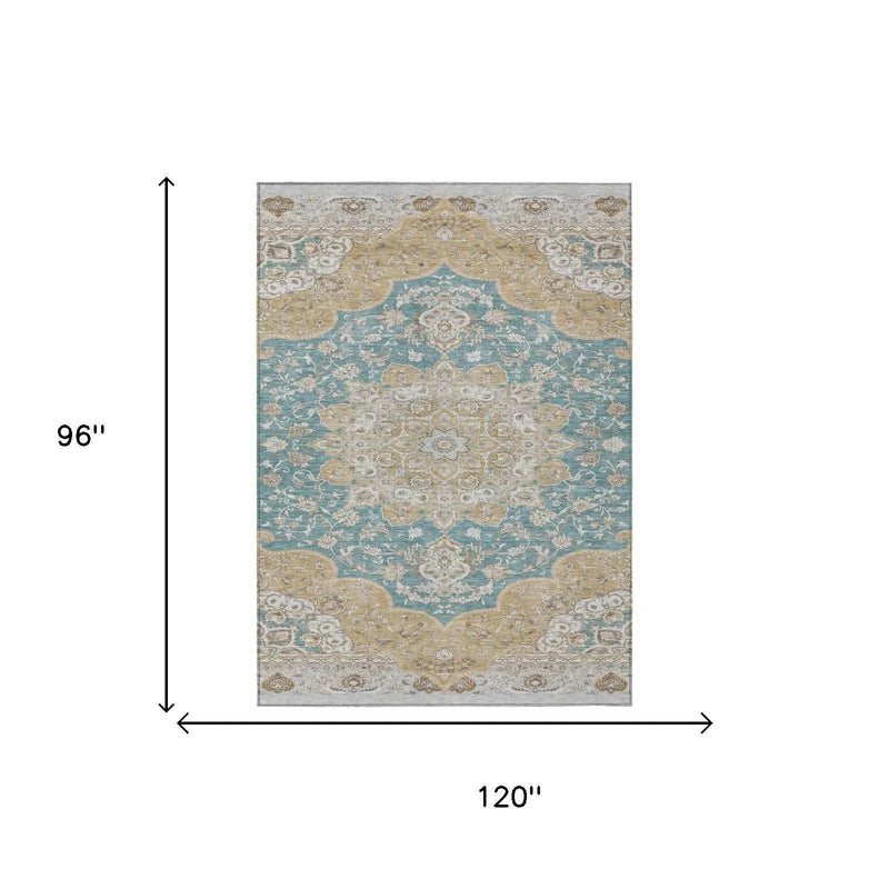 8' X 10' Teal Blue And Silver Oriental Washable Indoor Outdoor Area Rug Homeroots Outdoor