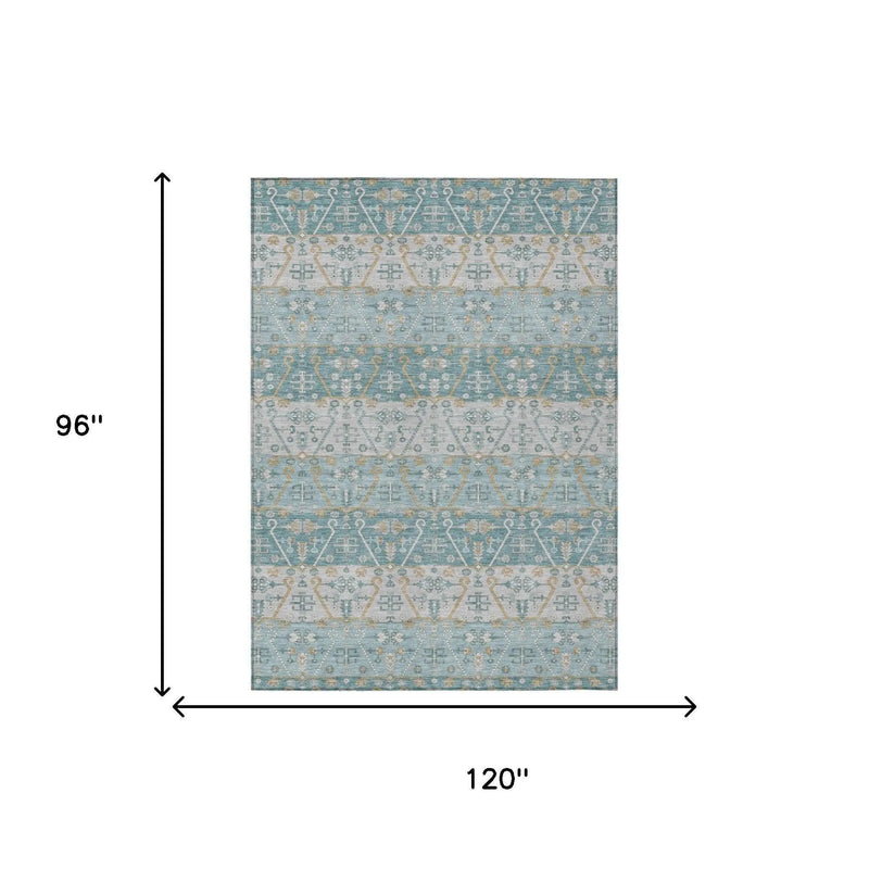 8' X 10' Teal Blue And Silver Oriental Washable Indoor Outdoor Area Rug Homeroots Outdoor