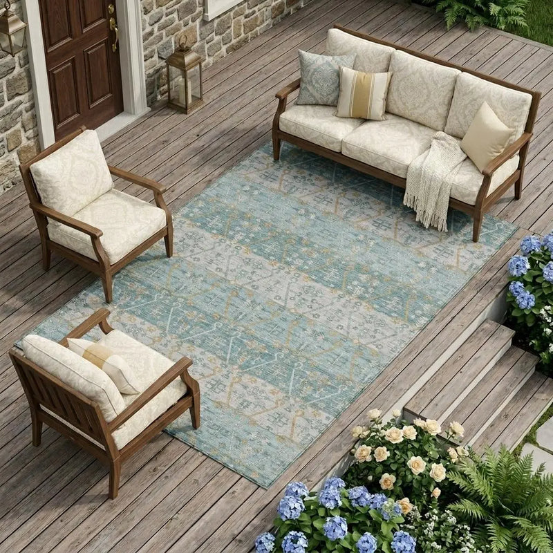 8' X 10' Teal Blue And Silver Oriental Washable Indoor Outdoor Area Rug Homeroots Outdoor