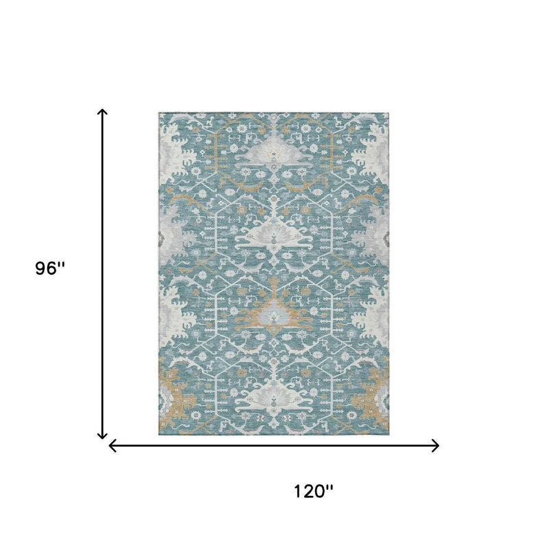 8' X 10' Teal Blue And Silver Oriental Washable Indoor Outdoor Area Rug Homeroots Outdoor