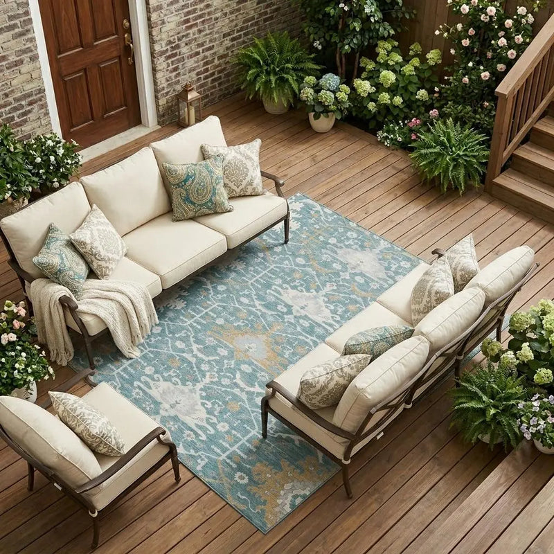 8' X 10' Teal Blue And Silver Oriental Washable Indoor Outdoor Area Rug Homeroots Outdoor