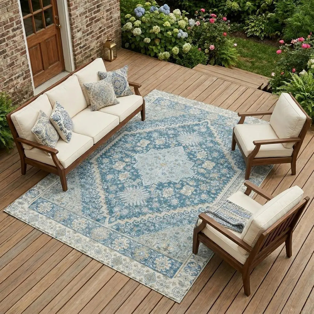 8' X 10' Teal Blue And Silver Oriental Washable Indoor Outdoor Area Rug Homeroots Outdoor