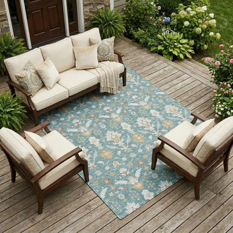 8' X 10' Teal Blue And Silver Oriental Washable Indoor Outdoor Area Rug Homeroots Outdoor