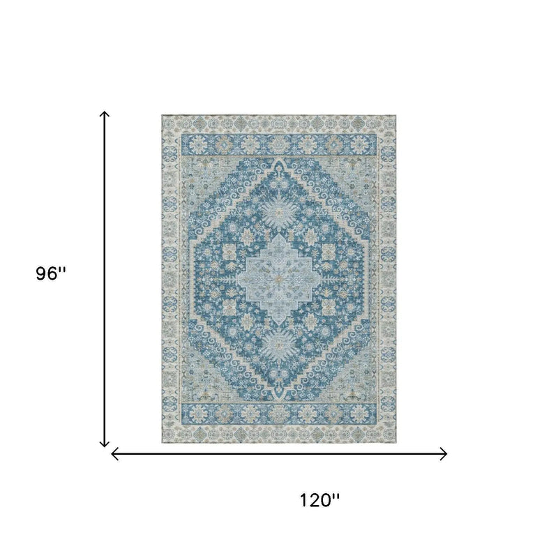 8' X 10' Teal Blue And Silver Oriental Washable Indoor Outdoor Area Rug Homeroots Outdoor